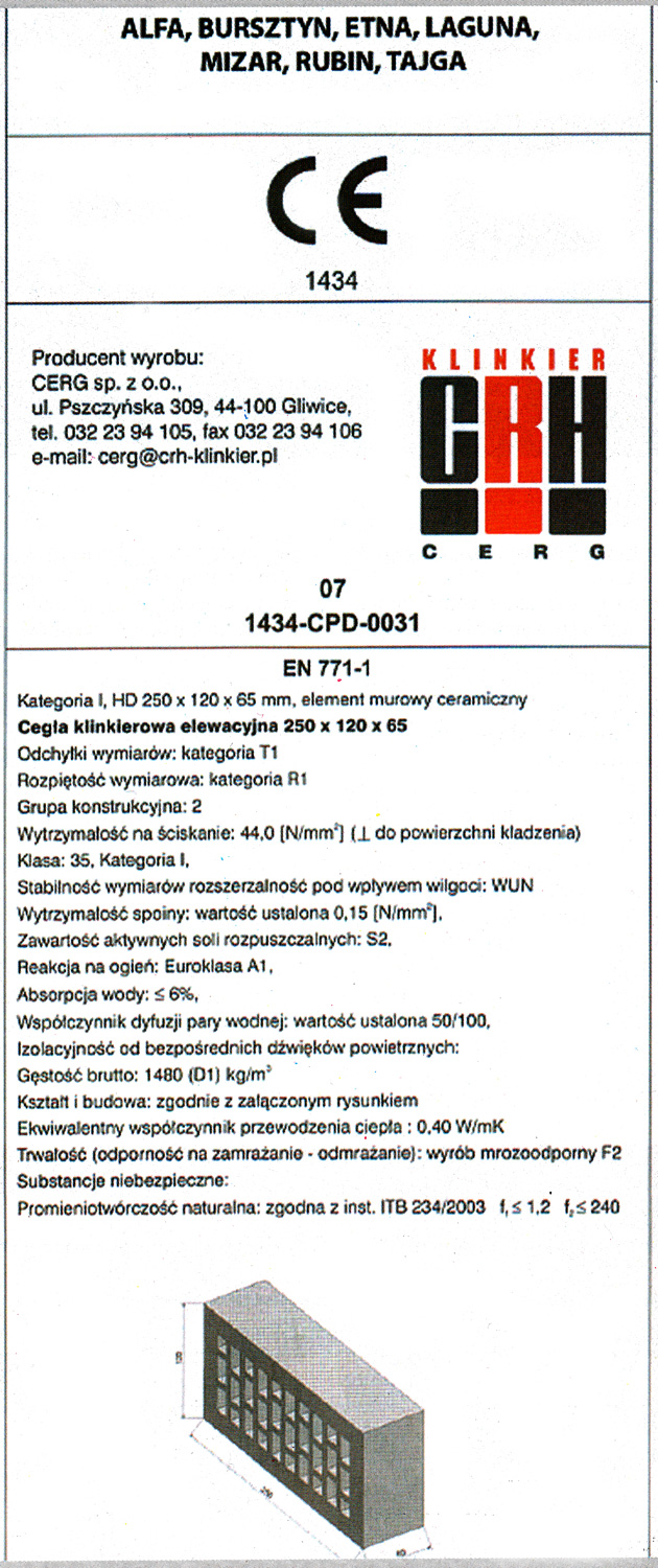 Przykładowa karta techniczna produktu wg PN EN 771-1 dla cegły perforowanej
